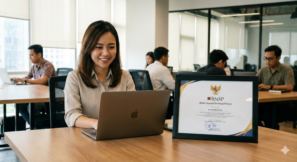 Foto stok berkualitas tinggi tentang profesional yang sedang bekerja di depan laptop dengan sertifikat BNSP di sampingnya.